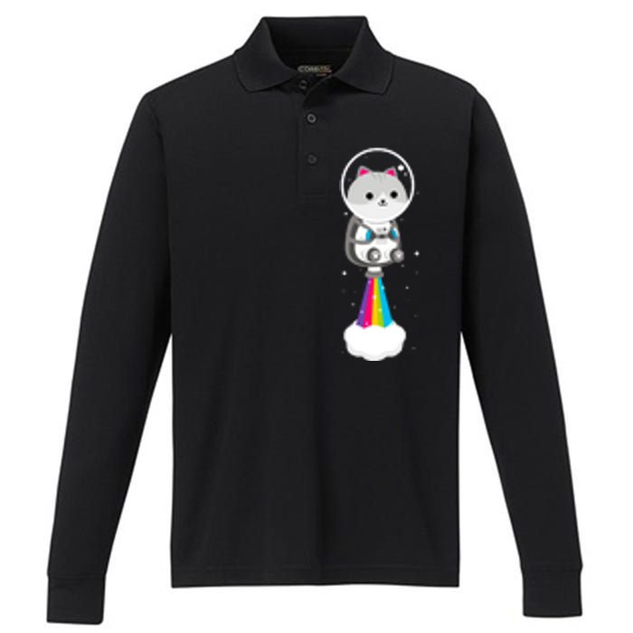 Space Cat Blasting Off Performance Long Sleeve Polo