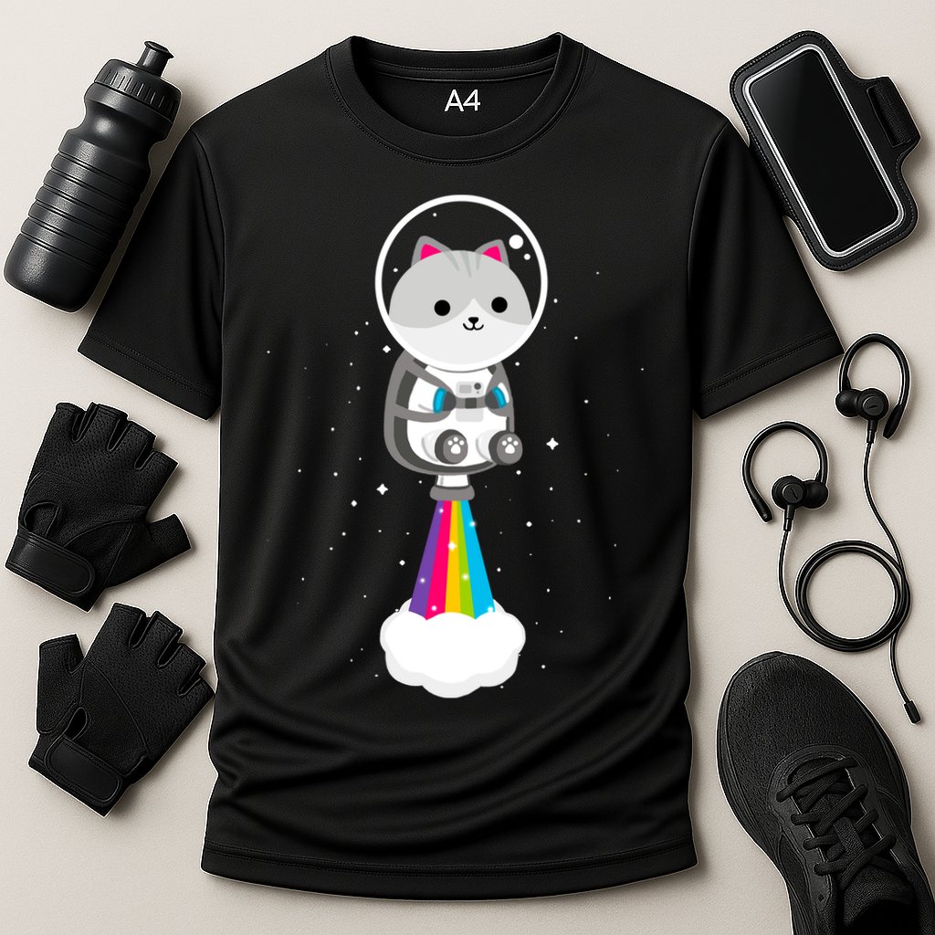 Space Cat Blasting Off Performance Shirt