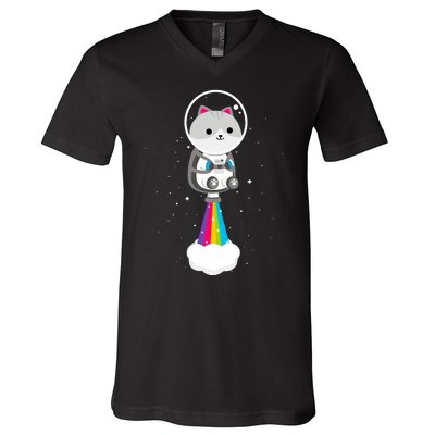 Space Cat Blasting Off V-Neck T-Shirt