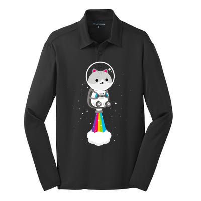 Space Cat Blasting Off Silk Touch Performance Long Sleeve Polo