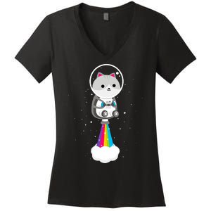 Space Cat Blasting Off Women's V-Neck T-Shirt