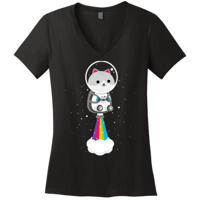 Space Cat Blasting Off Women's V-Neck T-Shirt