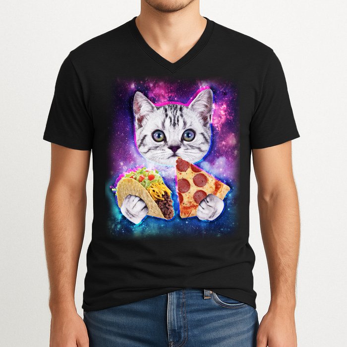Space Cat Pizza And Tacos V-Neck T-Shirt