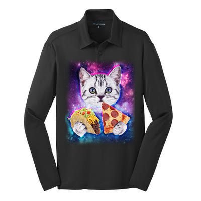 Space Cat Pizza And Tacos Silk Touch Performance Long Sleeve Polo