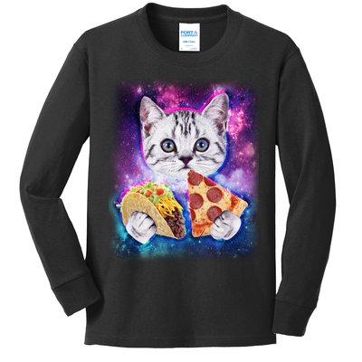 Space Cat Pizza And Tacos Kids Long Sleeve Shirt