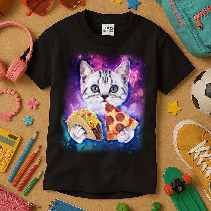 Space Cat Pizza And Tacos Kids T-Shirt