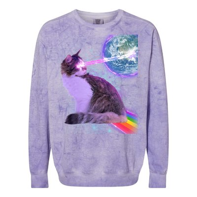 Space Cat Shooting Lazer Into Moon Colorblast Crewneck Sweatshirt