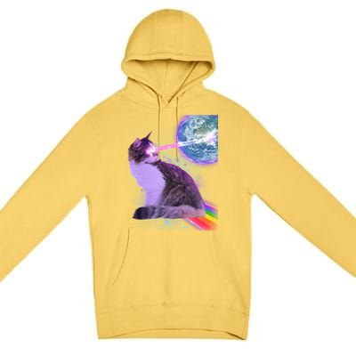 Space Cat Shooting Lazer Into Moon Premium Pullover Hoodie