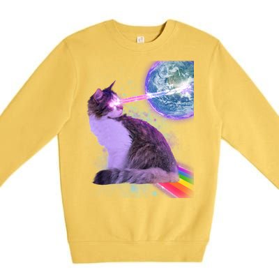 Space Cat Shooting Lazer Into Moon Premium Crewneck Sweatshirt