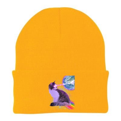 Space Cat Shooting Lazer Into Moon Knit Cap Winter Beanie