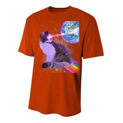 Space Cat Shooting Lazer Into Moon Performance Sprint T-Shirt