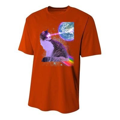 Space Cat Shooting Lazer Into Moon Youth Performance Sprint T-Shirt