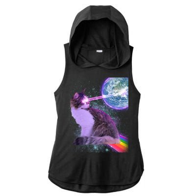 Space Cat Shooting Lazer Into Moon Ladies PosiCharge Tri-Blend Wicking Draft Hoodie Tank