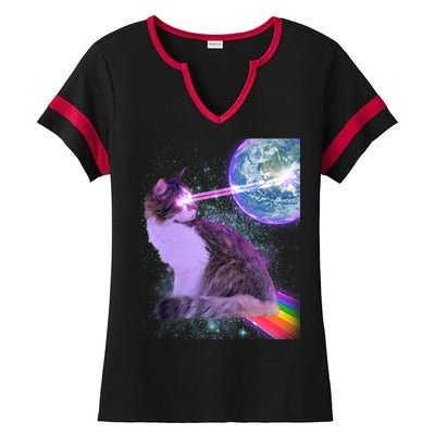 Space Cat Shooting Lazer Into Moon Ladies Halftime Notch Neck Tee