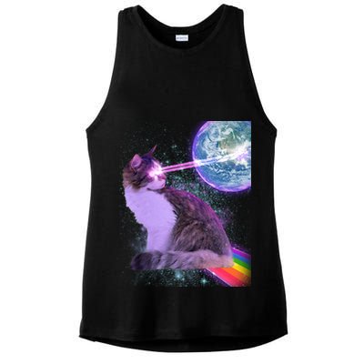 Space Cat Shooting Lazer Into Moon Ladies PosiCharge Tri-Blend Wicking Tank