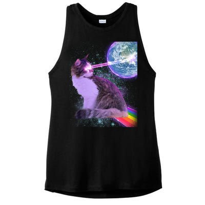 Space Cat Shooting Lazer Into Moon Ladies PosiCharge Tri-Blend Wicking Tank