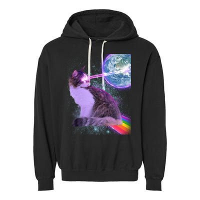 Space Cat Shooting Lazer Into Moon Garment-Dyed Fleece Hoodie