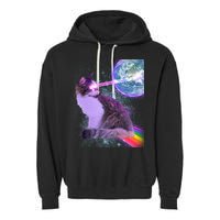 Space Cat Shooting Lazer Into Moon Garment-Dyed Fleece Hoodie