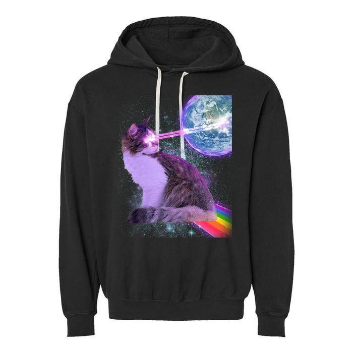 Space Cat Shooting Lazer Into Moon Garment-Dyed Fleece Hoodie