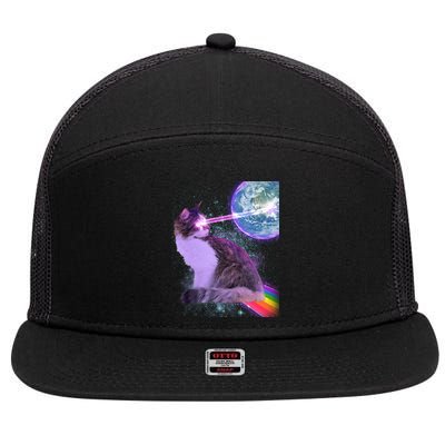 Space Cat Shooting Lazer Into Moon 7 Panel Mesh Trucker Snapback Hat