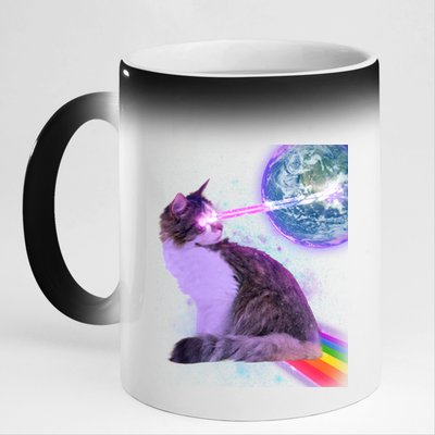 Space Cat Shooting Lazer Into Moon 11oz Black Color Changing Mug