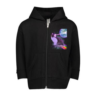 Space Cat Shooting Lazer Into Moon Toddler Zip Fleece Hoodie