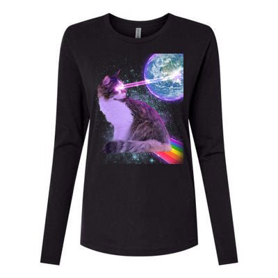 Space Cat Shooting Lazer Into Moon Womens Cotton Relaxed Long Sleeve T-Shirt