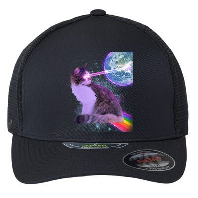 Space Cat Shooting Lazer Into Moon Flexfit Unipanel Trucker Cap