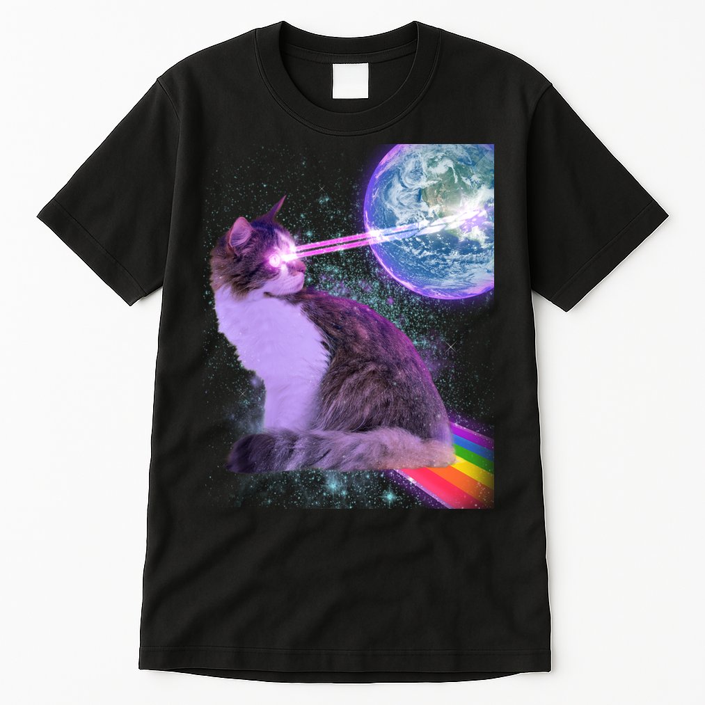 Space Cat Shooting Lazer Into Moon Tall T-Shirt
