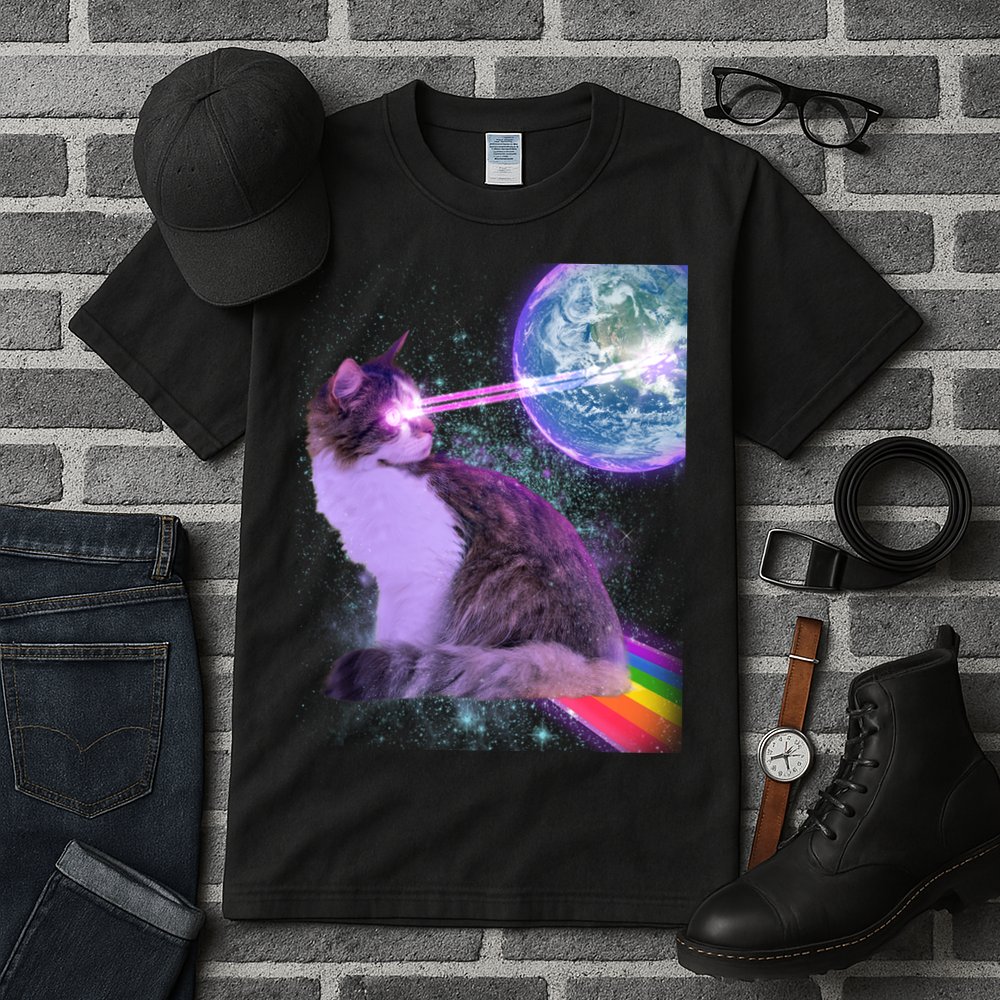 Space Cat Shooting Lazer Into Moon Tall T-Shirt