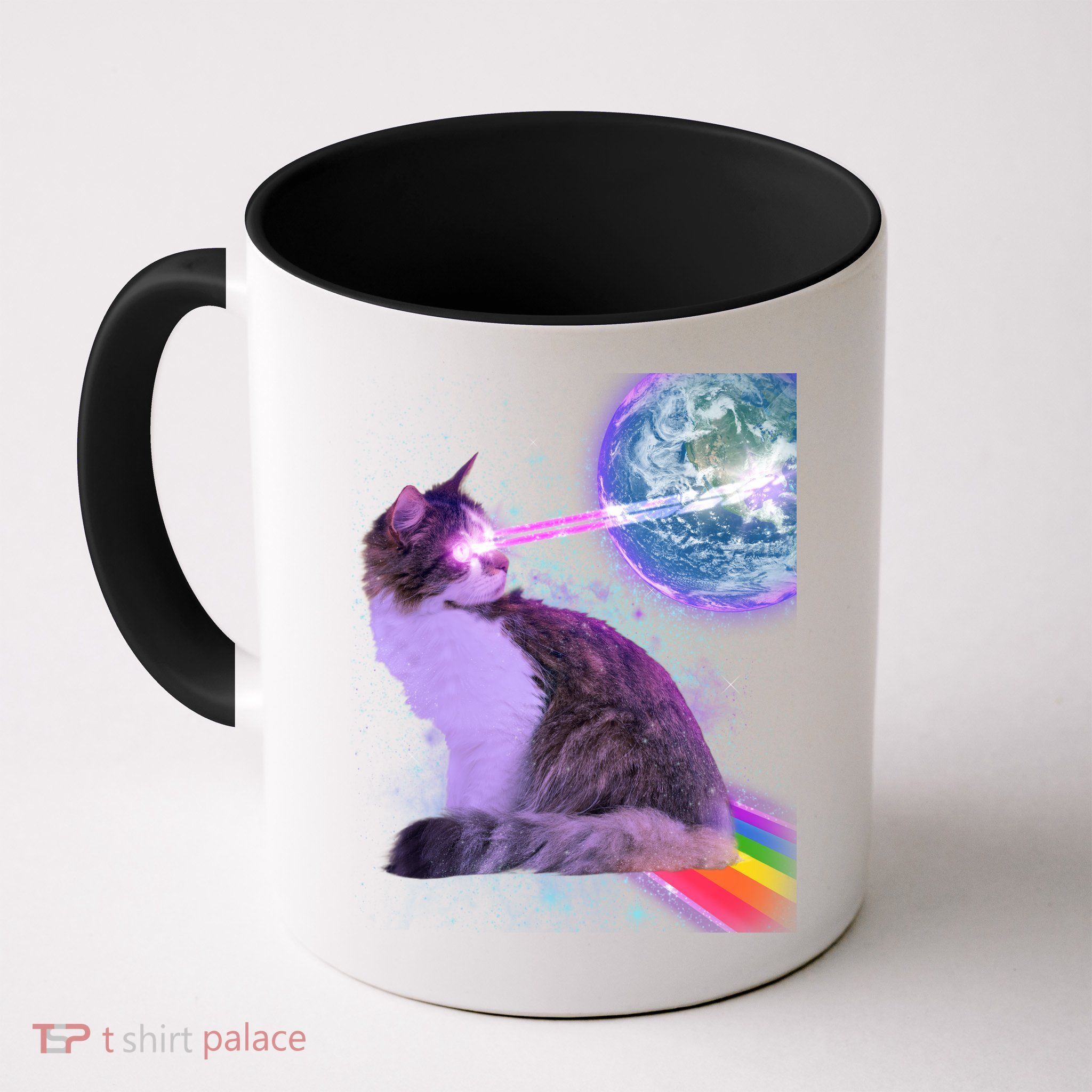 Space Cat Shooting Lazer Into Moon Mug