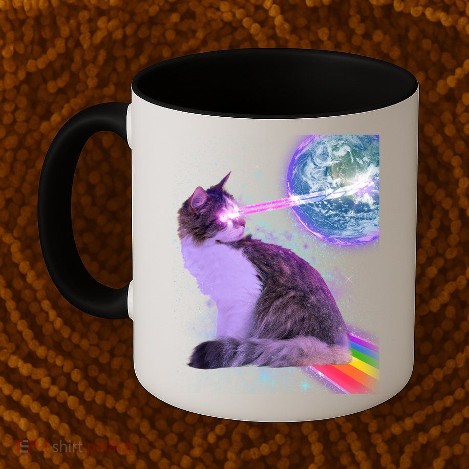 Space Cat Shooting Lazer Into Moon Mug
