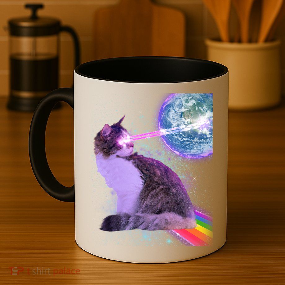 Space Cat Shooting Lazer Into Moon Mug