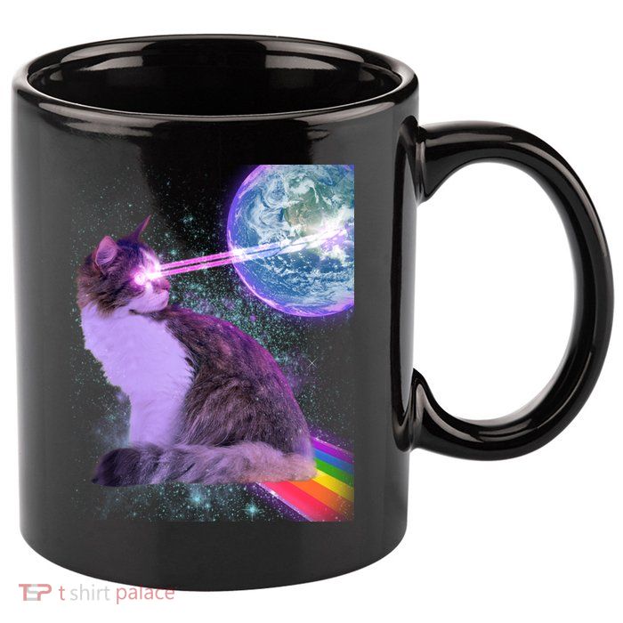 Space Cat Shooting Lazer Into Moon 11oz C Handle Ceramic Mug
