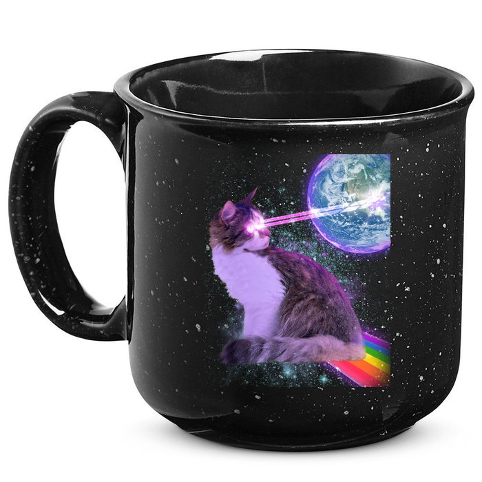 Space Cat Shooting Lazer Into Moon 15oz Campfire Ceramic Mug
