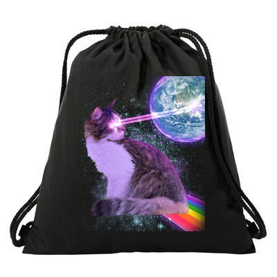 Space Cat Shooting Lazer Into Moon Drawstring Bag