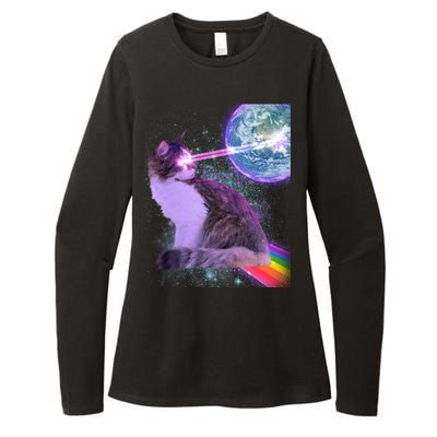 Space Cat Shooting Lazer Into Moon Womens CVC Long Sleeve Shirt