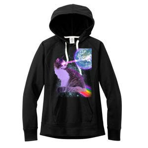 Space Cat Shooting Lazer Into Moon Women's Fleece Hoodie