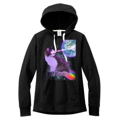 Space Cat Shooting Lazer Into Moon Women's Fleece Hoodie