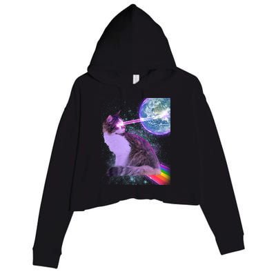 Space Cat Shooting Lazer Into Moon Crop Fleece Hoodie