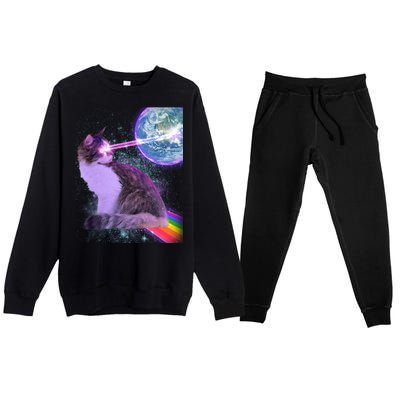 Space Cat Shooting Lazer Into Moon Premium Crewneck Sweatsuit Set