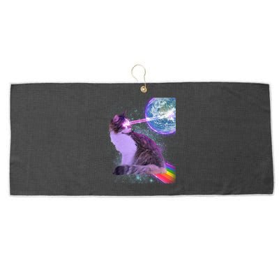 Space Cat Shooting Lazer Into Moon Large Microfiber Waffle Golf Towel