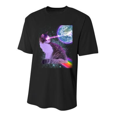 Space Cat Shooting Lazer Into Moon Youth Performance Sprint T-Shirt
