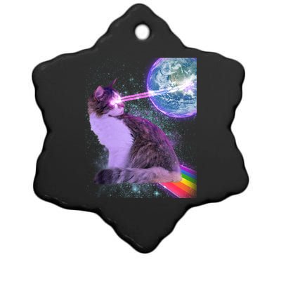 Space Cat Shooting Lazer Into Moon Ceramic Star Ornament