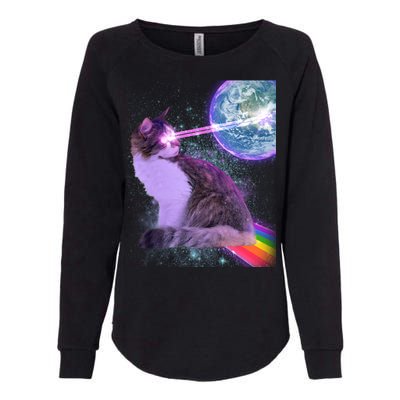 Space Cat Shooting Lazer Into Moon Womens California Wash Sweatshirt