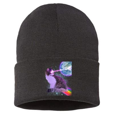 Space Cat Shooting Lazer Into Moon Sustainable Knit Beanie