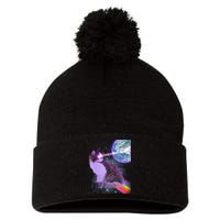 Space Cat Shooting Lazer Into Moon Pom Pom 12in Knit Beanie