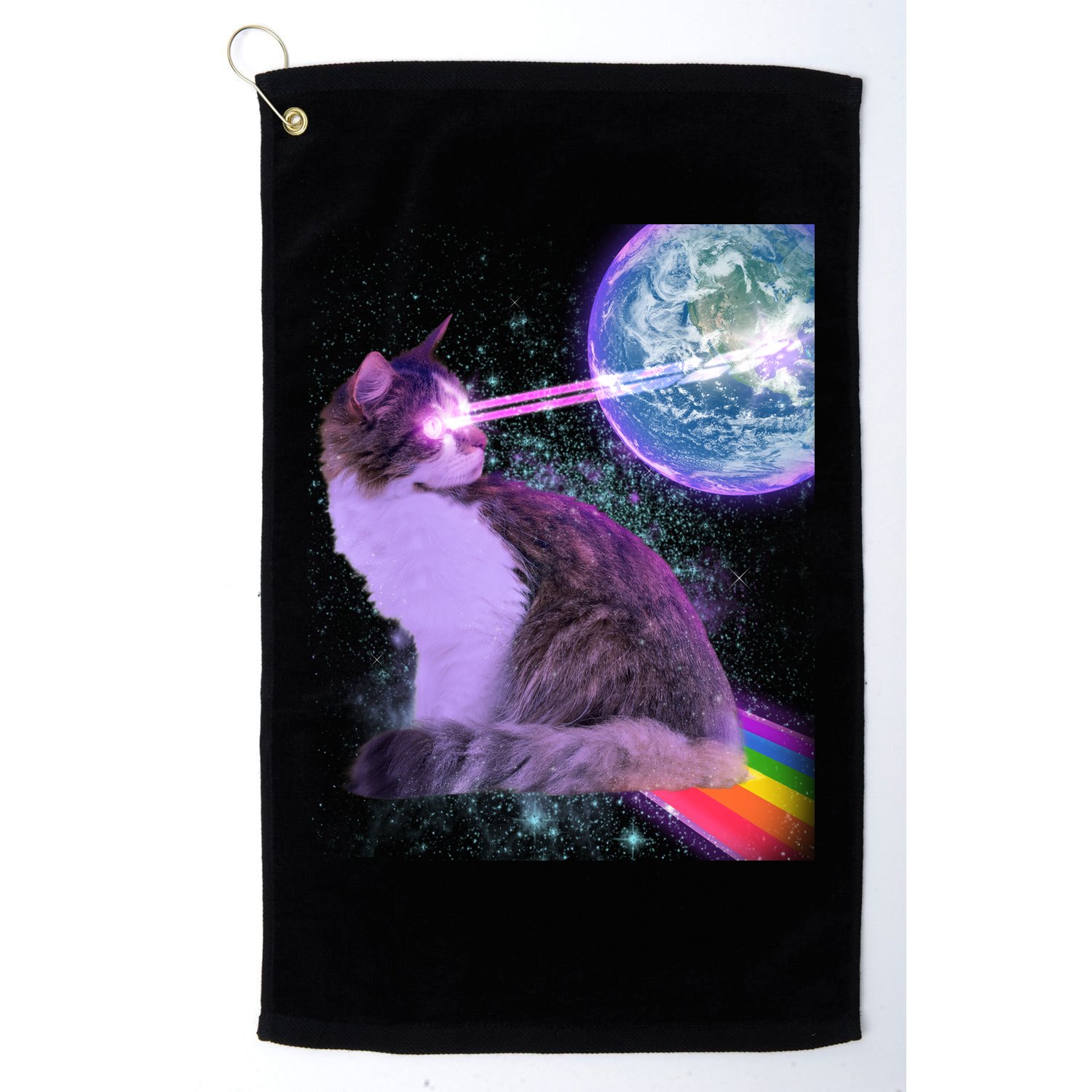 Space Cat Shooting Lazer Into Moon Golf Towel