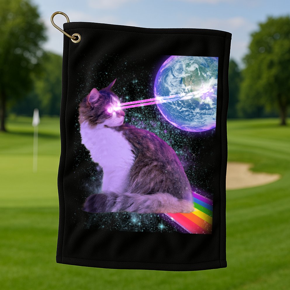 Space Cat Shooting Lazer Into Moon Golf Towel