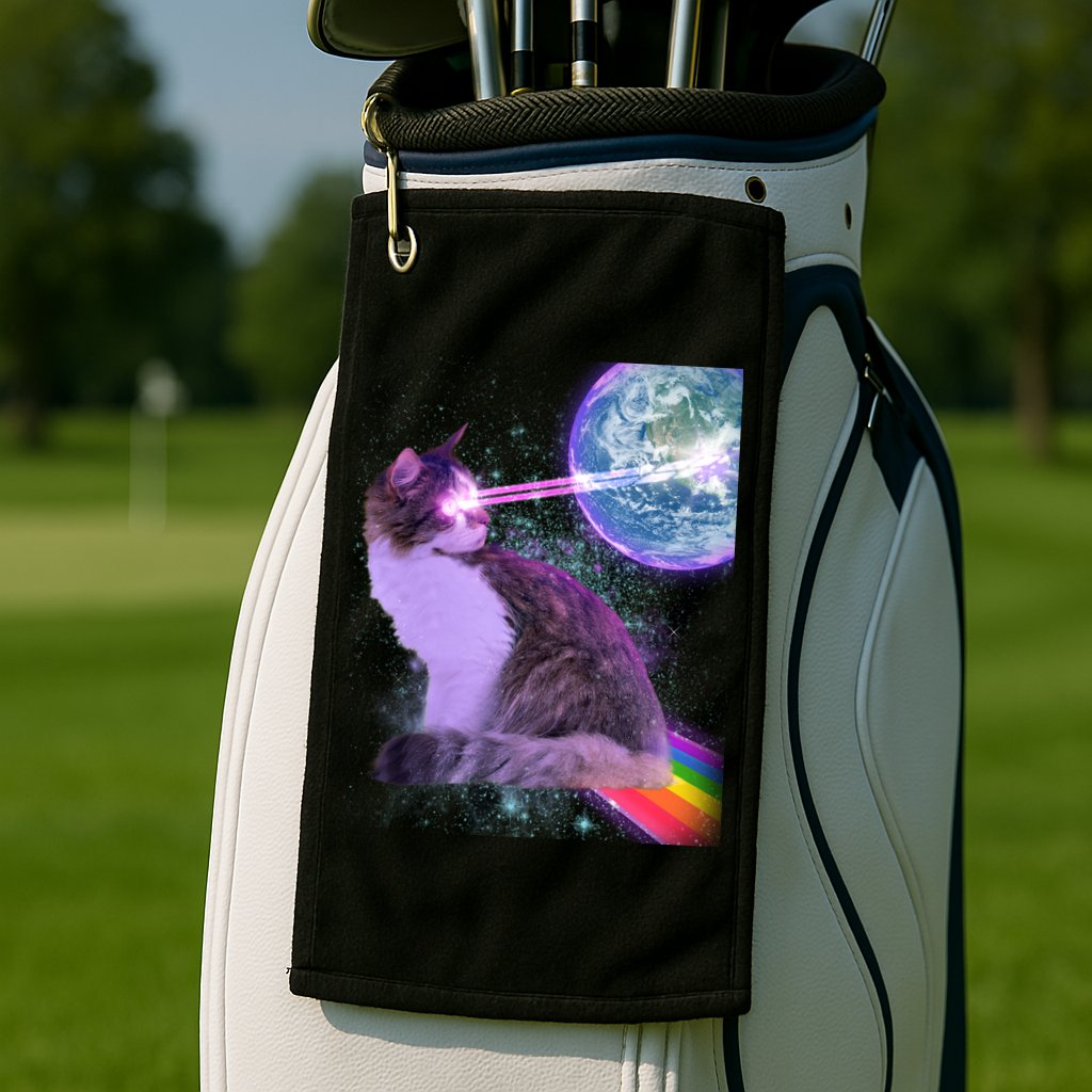 Space Cat Shooting Lazer Into Moon Golf Towel